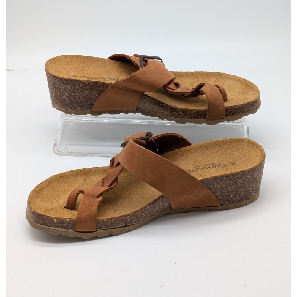 A Giannetti Womens 6.5 Brown Leather Cork Wedge Sandals Made in Italy NWOT